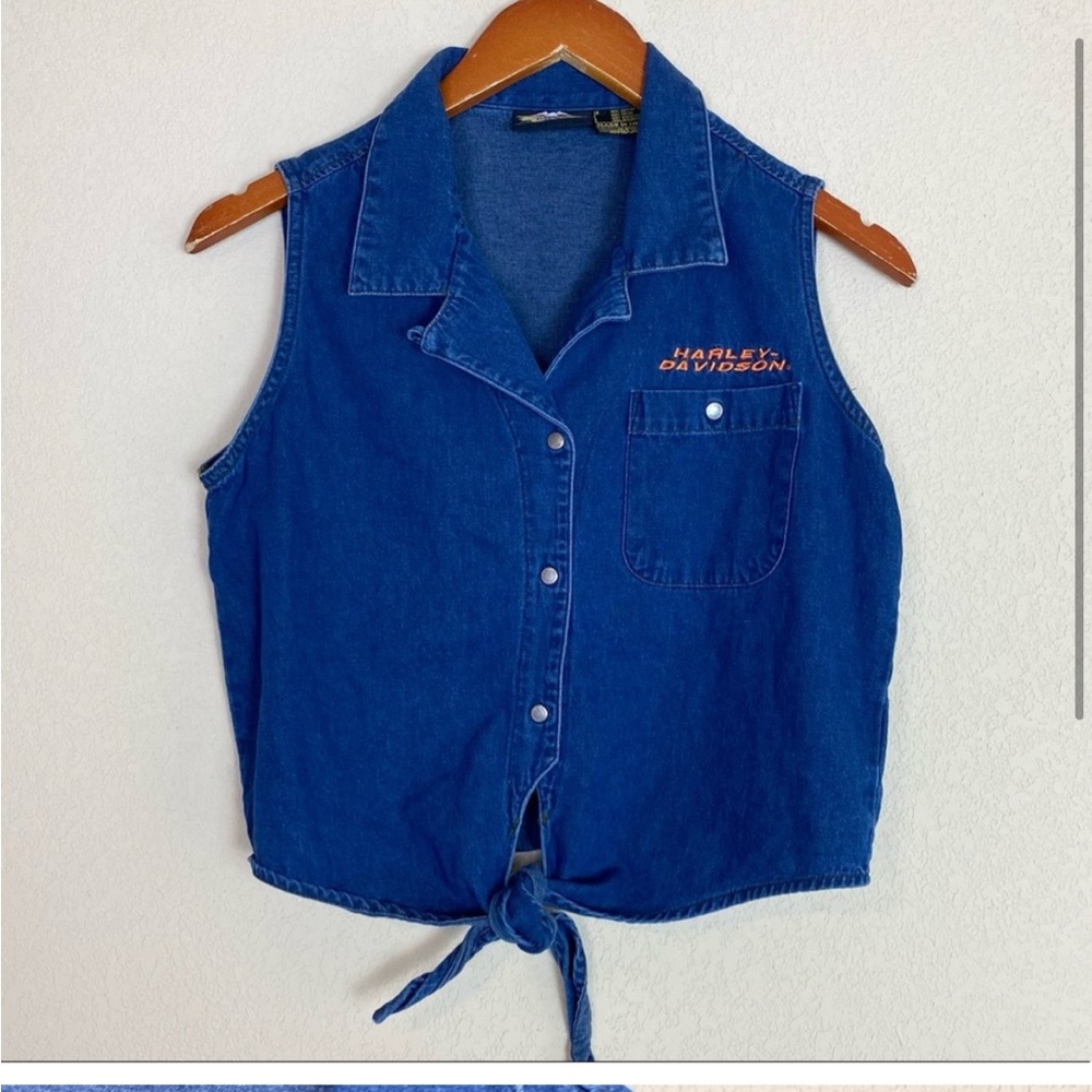 Harley Davidson Vintage Crop Tie Front Denim Top